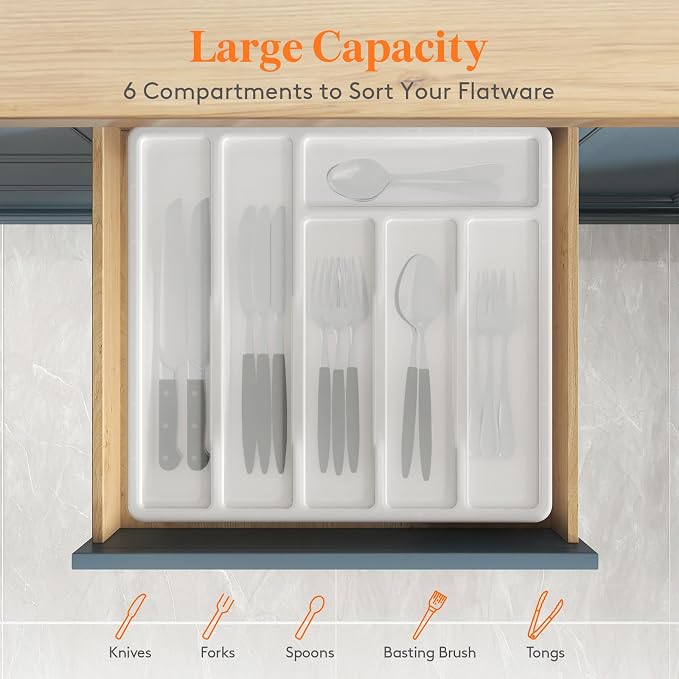 Lifewit Silverware Organizer with Lid, Covered Utensil Tray for Kitchen Drawer and Countertop, Plastic Cutlery and Flatware Storage Box for Spoons Forks Knives Holder Case, 12.6x11.8", White