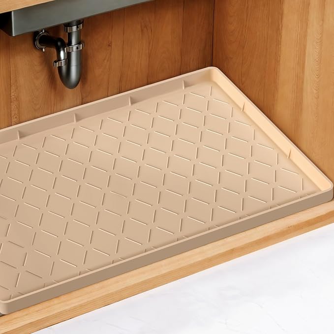 Mateeylife Under Sink Mats for Kitchen Waterproof 22"X19", Undersink Protectors，Silicone Mat Cabinet Liner, Under Sink Organizer for Bathroom and Kitchen，Boot Tray Pet Food Mat, Beige