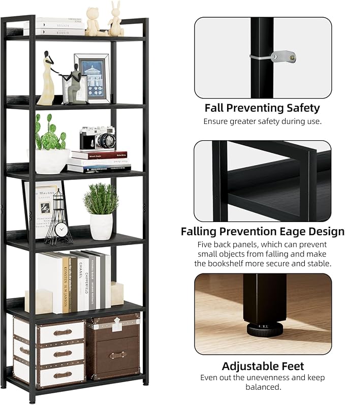 NUMENN Bookshelf, 6 Tier Bookshelves, Home Office Bookcase Shelf Storage Organizer, Free Standing Storage Shelving Unit for Bedroom, Living Room and Home Office, Black