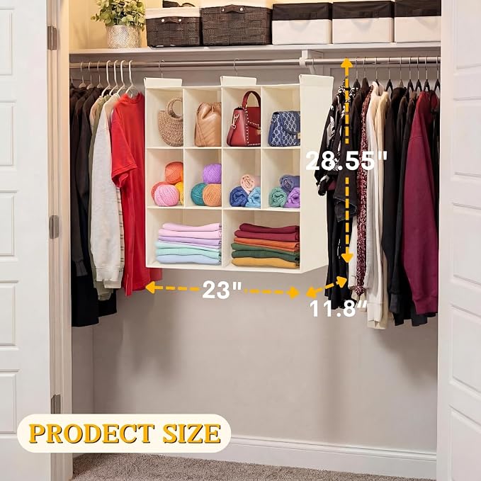 Ofiray-home 3 Tier Hanging Closet Organizer, 10 Compartments Sweater Organizer for Closet with 3 Sturdy Hooks, Closet Organizers and Storage, Wardrobe, Rv, Garment Rack, Beige
