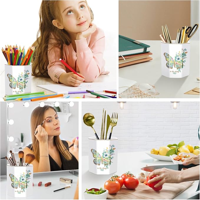 Pencil Pen Holder for Desk, Ceramic Cute Makeup Brush Holder, Desktop Supplies and Accessories for Women Students, Art Supply Caddy, Butterfly Pattern