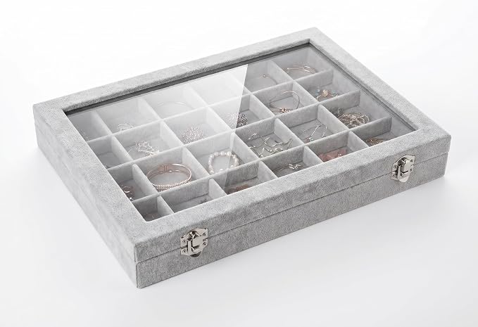 Stratalife 24 Grid Jewelry Holder Organizer: Earring Organizer Box with Clear Glass Lid, Velvet Jewelry Storage for Studs, Earrings, Rings, Necklace with Removable Dividers for Dresser, Grey