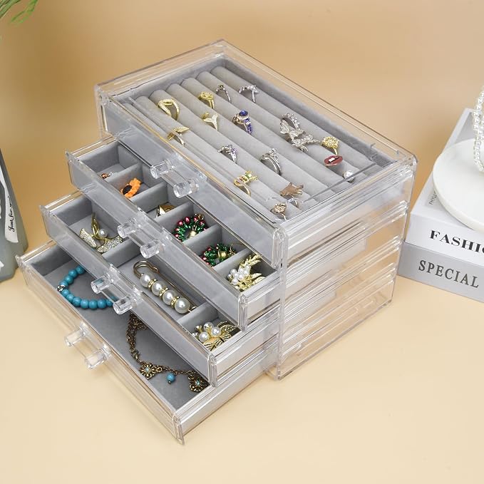 Weiai Acrylic Jewelry Organizer Box 4 Drawer Earring Case Storage for Women Gray