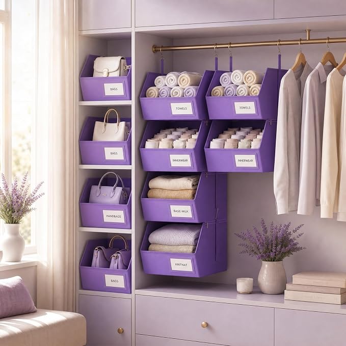 4-Tier Hanging Closet Organizer, Detachable Hanging Storage Shelves with Reinforced Side Panels, Hanging Closet Organizer for Clothes, Sweaters, Towels, Socks & Accessories, Purple