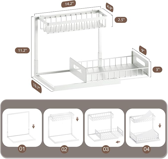 VUSIGN 2 Tier Under Sink Organizer and Storage, Slide Out Pull Out Cabinet Organizer Shelf, Storage for Kitchen Bathroom Laundry, 1Pack, White