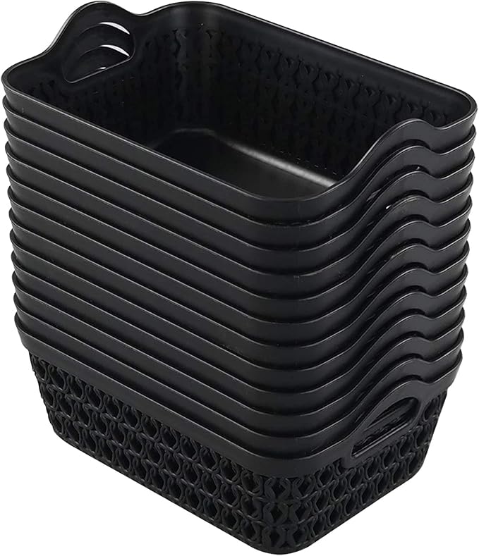 12-Pack Mini Plastic Storage Basket Trays with Handle, Black