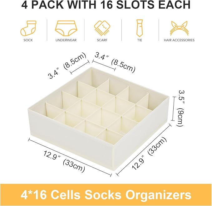 Joyoldelf Sock Drawer Organizer Divider Underwear Organizer 16-cell Fabric Dresser Drawer Organizers Storage Boxes for Socks Lingerie, Handkerchiefs, Ties 4 Pack (Beige)