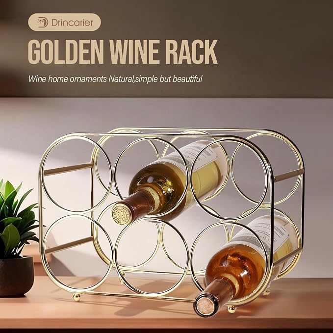 Countertop Wine Rack - 6 Bottle Freestanding Modern Gold Metal Small Wine Rack - Tabletop Wine Holder Stand for Cabinet, Pantry, Wine Bottle Storage
