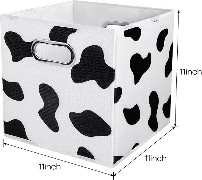 ANMINY Cow Print Cube Storage Bins with Handles, Washable, Collapsible | Cotton Linen Fabric, PP Plastic Board, Animal Print Decor, Storage Basket for Closet Shelf, 11 x 11 x 11 Inch, 6PCS
