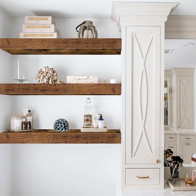 QEEIG Floating Shelves for Wall Bathroom Shelf Bedroom Kitchen Living Room Hanging Book Shelves Small Farmhouse Decor 16 inch Set of 3, Rustic Brown (015-BN3)