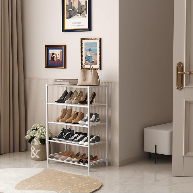 HOMEFORT 5-Tier Shoe Rack, Storage Shelf, Industrial Tower, Narrow Organizer for Closet Entryway, Small Table With Durable Metal Shelves, White Oak