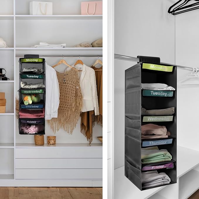 5-Shelf Weekly Clothes Organizer for Kids Days of The Week Storage (Black) | Days of The Week Hanging Storage Shelves for Dorm Room Essential, Daily Shelf Closet Organizer with 6 Side Pockets