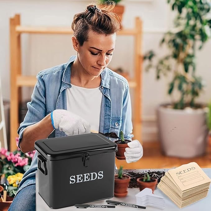 Seed Storage Organizer, T-Shape Compartment Seed Box with Safety Lock, Metal Seed Saving Box, Portable Seed Bin Container with Handle, Including 2 Pens 20 Plant Labels 50 Seed Envelopes-Black