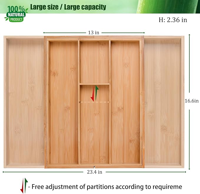 guiogc Bamboo Silverware Organizer, Expandable Kitchen Drawer Organizer and Utensil Organizer, Cutlery Tray with Drawer Dividers for Kitchen Utensils and Flatware, Bedroom, Living Room (Natural)