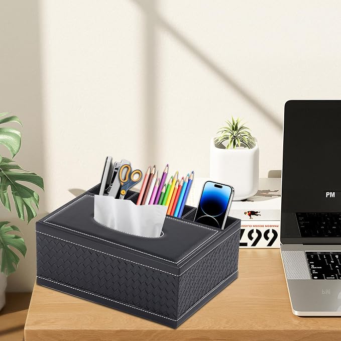 Tissue Box Cover Rectangle Black Tissue Box Holder PU Leather Facial Tissue Organizer,Multifunctional Remote Control Stationery Storage Box,Home Office Supplies Car Napkin Caddy