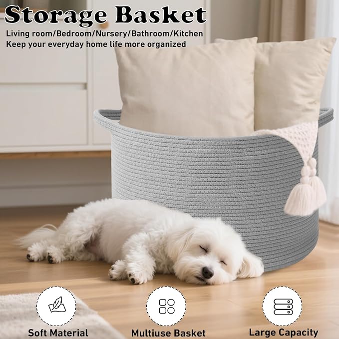 65L Large Blanket Basket,Woven Rope Laundry Basket Hamper with Handles,Decorative Nursery Basket Storage Bin for Toys, Pillows , Clothes Organizer, Living Room, Bedroom, Bathroom, Light Gry