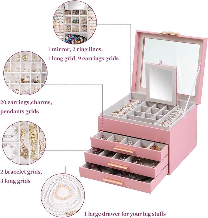 BOOVO Clear Lid Jewelry Box,3 Layers Jewelry Organizer Large Jewelry Storage Box with 2 Drawers,Jewelry Holder Organzier of Rings Earrings Necklace Bracelets for Women (Pink, 4 Layer)