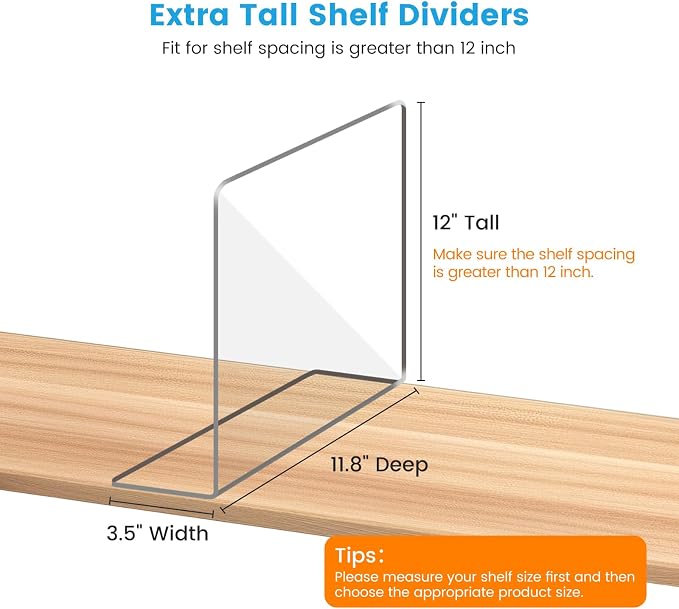 OKPOW Shelf Dividers Closet Organizer - 12" Tall X 11.8" Deep Acrylic Clear Sturdy Separate for Clothes Purse - Adjustable Space Saver Easy Install for Home Organization Enthusiasts 8 Pack