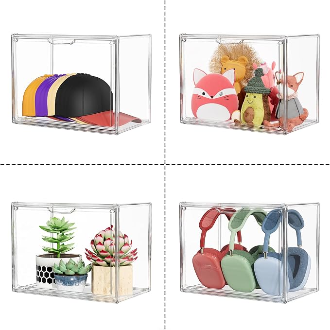 Clear Acrylic Display Case, Stackable Plastic Storage Bins with Lids, Large Display Box with Magnetic Lid Clear Storage Container Dustproof Showcase for Collectibles, Figures, 5 Pack