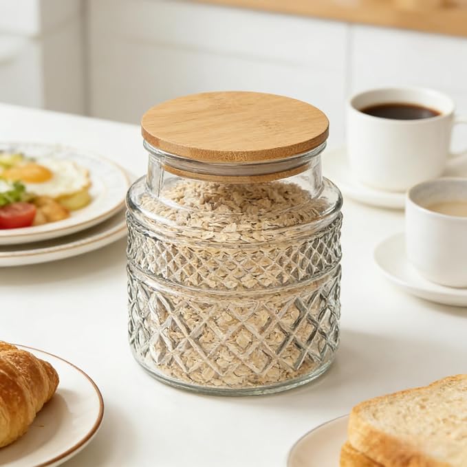 Prettidecor Glass Storage Jar, 38 FL OZ, Food Canisters with Bamboo Lid, Kitchen Containers Decorative Airtight Glass Jars For Cereal Nuts Snack Candy Cookies Coffee Tea