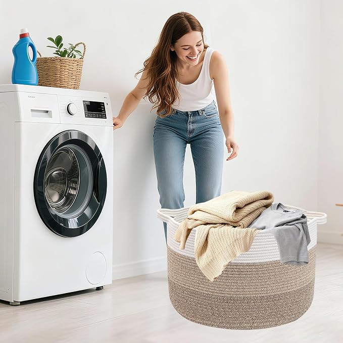 90L Extra Large Blanket Basket,Woven Rope Laundry Basket Hamper with Handles, Decorative Nursery Basket Storage Bin for Toys, Clothes Organizer, Living Room, Bedroom, Bathroom, Brown