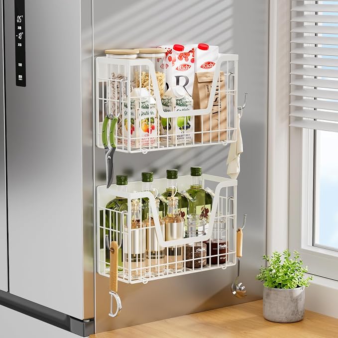 2 Set Magnetic Fridge Shelf, White Magnetic Fruit Basket for Refrigerator Organizer Storage, Potato and Onion Storage Bins, Wire Baskets Magnet Rack for Laundry Washing Machine Kitchen Shelves