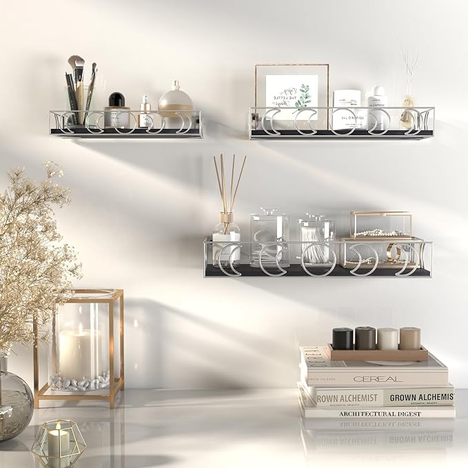 PHAREGE Moon Phase Floating Shelves Black Silver Set of 3 | Small Decorative Wall Shelves for Book Plant Storage, Crystal Figurine Collectibles Display Shelf for Bedroom Kid Room