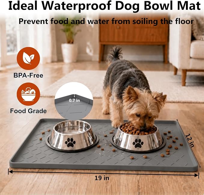 MateeyLife Silicone Mat Waterproof 12"X19", Ideal for Dog and Cat Food Mat, Dog Bowl Mats for Food and Water, Pet Placemat with Lip for Messy Drinkers to Protect Floor, Dark Grey