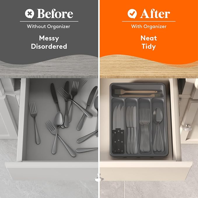 Lifewit Silverware Organizer with Lid, Covered Utensil Tray for Kitchen Drawer and Countertop, Plastic Cutlery and Flatware Storage Box for Spoons Forks Knives Holder Case, 23 x 32 cm, Gray