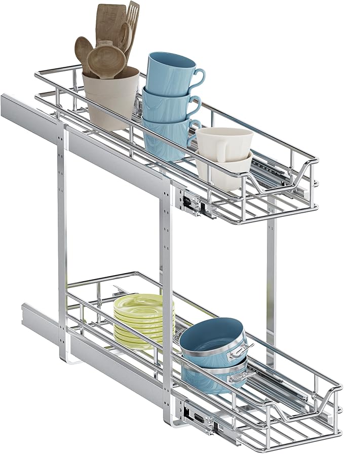 2-Tier Pull Out Cabinet Organizer, 5.5" W x 21.5" D, Heavy Duty Dual Slide Out Shelves for Narrow Base Cabinets, Chrome Wire Basket Drawer for Spices, Bottles & Snacks