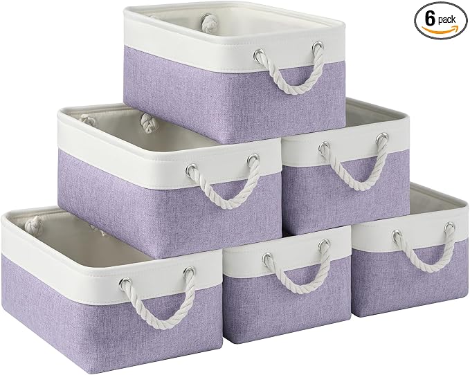 Storage Baskets for Shelves 13.8x9.8x6.7 Inch, Foldable Fabric Storage Bins with Handles, Small Storage Baskets for Organizing Closet, Office, Home Organization (6-Pack, White&Purple)