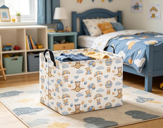 Rectangular Baby Kids Storage Basket for Home Kitchen Girls Cute Toy Storage Bin Organizer Shelf Book Room Decor(Bear Pilot)
