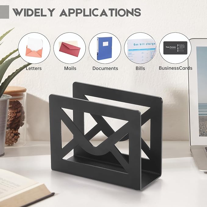 Desktop Metal Mail Holder,Letter Organizer for Desk(Black) | Modern,Cutout Envelope Design,Envelope and Document Storage Rack for Home and Office