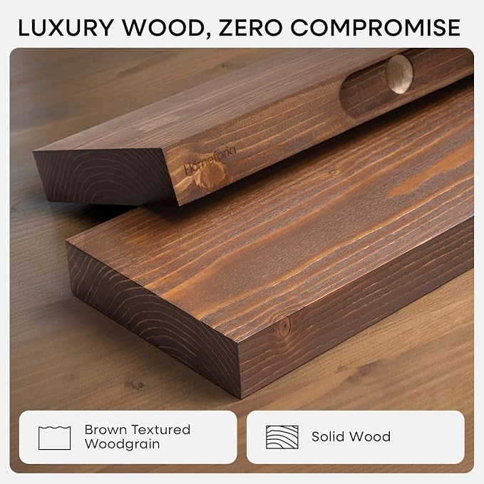 Homeforia Classic Walnut 30 inch Floating Shelf, High End Solid Real Wood Small 30inch Floating Shelves for Wall Mounted, 30in Floating Shelves, Heavy Duty Bracket, 30 X 6.5 X 1.75 inches, Set of 3