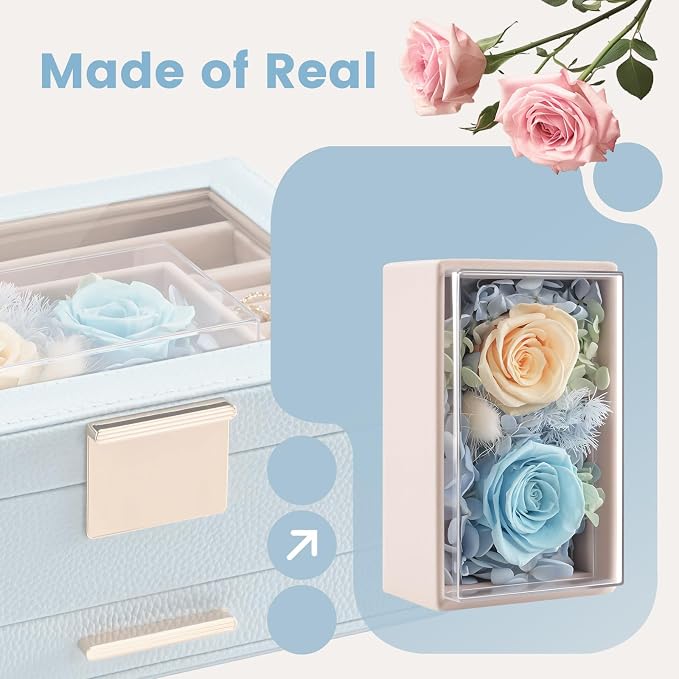 Lolalet Jewelry Organizer with Glass Lid, 2-Layer Jewelry Box Case with Drawer, Earrings Watch Ring Display Storage -Blue