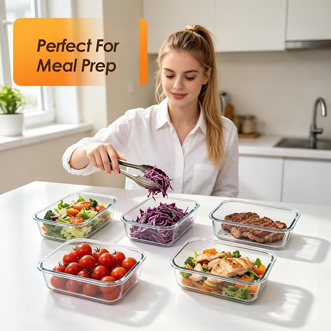 5 Pack 36oz Glass Storage Containers with Lids, Glass Meal Prep Food Container Sets with Snap Airtight Lid for Microwave, Oven, Freezer and Dishwasher, Grey