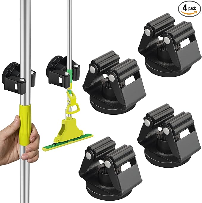 ULIBERMAGNET Magnetic Mop Broom Holder,Heavy Duty Movable Magnetic Broom Holder Rack,Anti-slip Wall Mounted Utility Storage Mop Shovel Hanger for Garage, Kitchen, Laundry, Garden(4 Pack/Black)