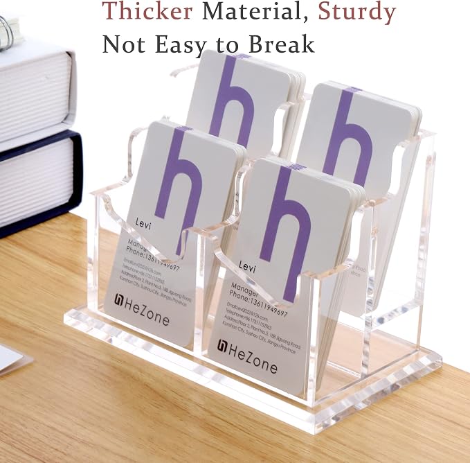 HeZone Business Card Holder Vertical Business Card Display for Desk 4 Slot Acrylic Cards Stand for Women and Men (4 Slot Vertical)
