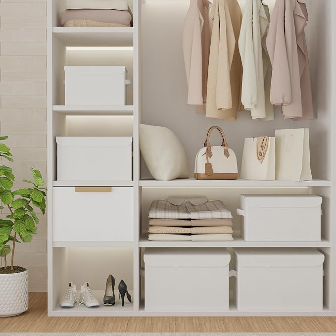 Storage Bins with Lids for Organizing, 4 Pack, White, 15x9.8x9.8 In | Closet Boxes with 2 Carrying Handles and Sturdy Heavy PP-board, Home Organizers Cubes for Clothes, Towels, Blanket