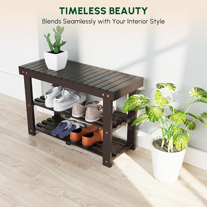 BEEFURNI Wooden Shoe Rack Bench, 3-Tier Wooden Shoe Organizer for Entryway, Aciaca Bench with Shelf, Solid Wood Shoe Storage Bench for Doorway, Hallway, Bathroom, 300 LBS, 1-Year Warranty, Brown