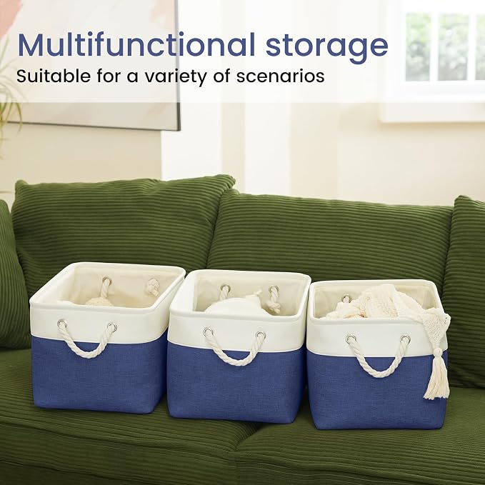 Large Storage Baskets- 15x11x10 inch Storage Bins for Shelves and Closet Organizing, Foldable Fabric Bin for Home Organization Clothes and Laundry (1-Pack, White&Blue)