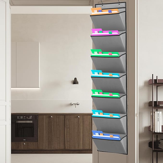 Wall Mounted File Holder Over Door Hanging Mail Organizer Document Storage Bag for Papers Magazines and Books (7 POCKETS-GREY)