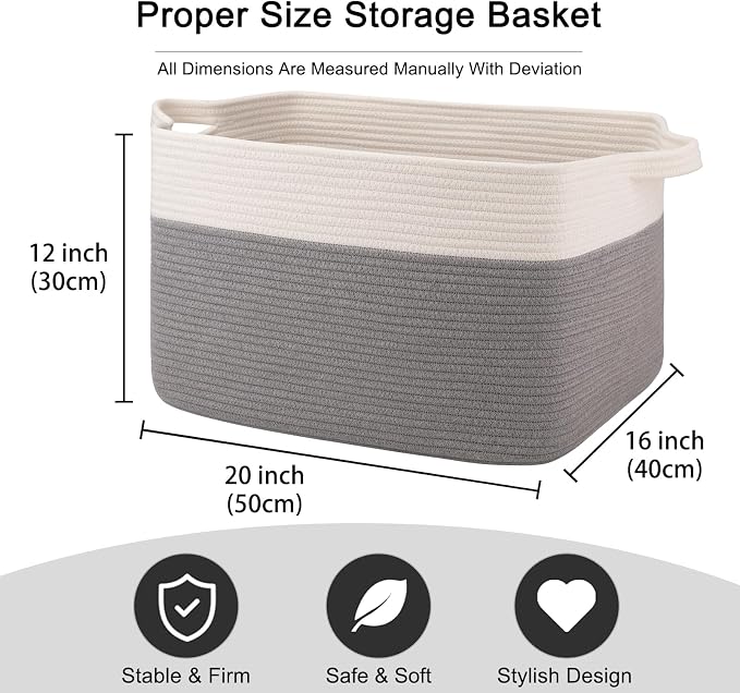 OIAHOMY Large Blanket Basket, 65L Cotton Rope Woven Laundry Basket, Toy Bin for Baby Room, Container for Blanket Storage in Living Room, 20''×16''×12'', Grey & White