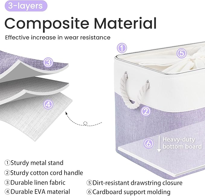 16x12x12 In Foldable Fabric Large Storage Bins with Handle 3 Pack | Storage Basket with Draw String Top, Sturdy Metal Strand, Cardboard Support Molding, for Shelf, Closet, Bedroom, White/Purple