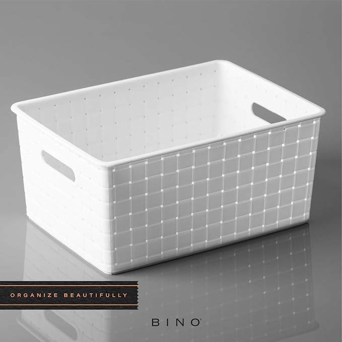 BINO | Plastic Storage Baskets Small - White | THE STABLE COLLECTION | Multi-Use Storage | Rectangular Cabinet Organizer | Baskets For Organizing with Handles | Home Office Organization and Storage