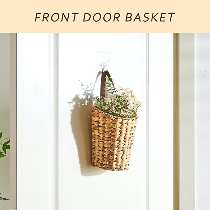 Handwoven Front Door Basket Water Hyacinth Wall Hanging Basket Decorative Boho Mounted Organizer for Dried Flower Plants Storage Basket for Garden, Home, and Farmhouse Décor