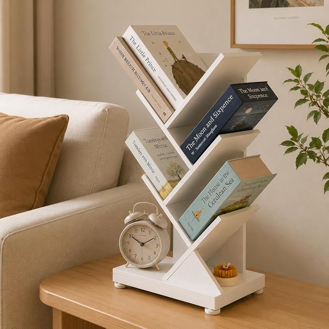 ruboka 5 Tier Tree Bookshelf, Small Bookcase 11.8"*7.4"*24" (White) | Retro Narrow Bookshelves for CDs/Magazines, Book Shelf for Bedroom, Living Room, Office, Balcony, Study Room