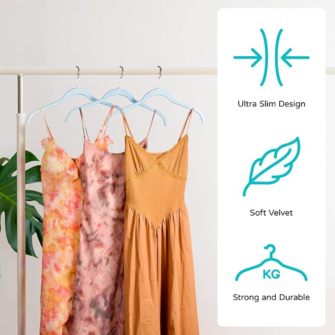 Sishynio Velvet Hangers 50 Pack – Slim Non-Slip Flocked Clothes Hangers with Notches, Space-Saving Durable Hangers for Dresses, Coats, Blouses(Blue)