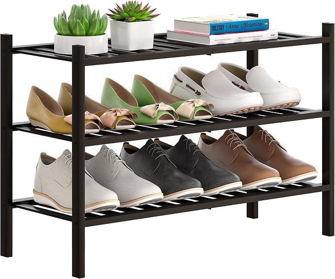 Bamboo Shoe Rack Stackable Shoe Shelf Storage Organizer for Unit Entryway Hallway and Closet Sturdy Freestanding Shoe Shelf(3 Tier Black)