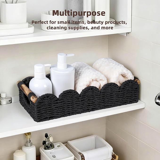 CubesLand Toilet Tank Paper Storage Basket Bathroom Counter Baskets for Organizing, Scalloped Decor Basket for Home, Living Room, Nursery, Wicker Bathroom Shelves Organization&Decorative Tray, Black